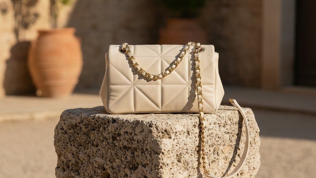 Cream quilted handbag on a stone plinth in a minimal gallery