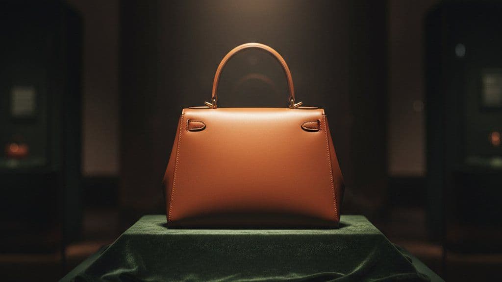 Structured leather handbag spotlit on dark green velvet