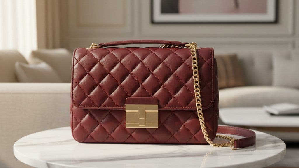 Burgundy quilted shoulder bag with chain strap on a marble table