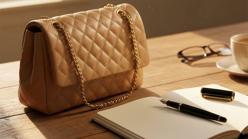 Quilted beige handbag on a desk with a notebook and pen