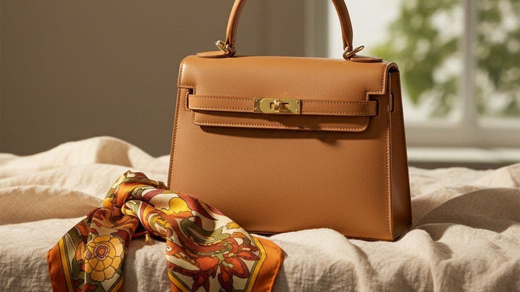 Tan structured handbag with a silk scarf on linen