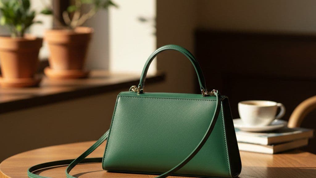 Trapezoid top-handle bag in deep green leather on a cafe table