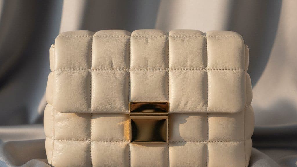 Close view of square quilting and a gold-tone clasp on a cream handbag