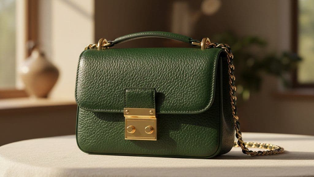 Dark green leather shoulder bag with gold-tone hardware on linen