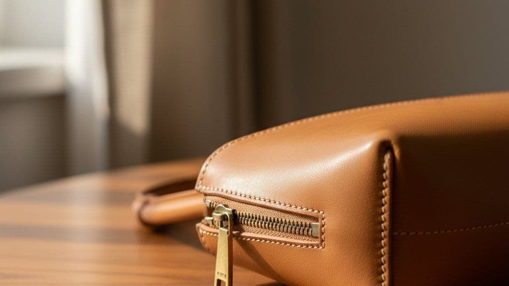 Close view of stitching and a brass zip pull on a tan leather handbag