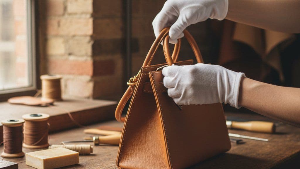 Gloved hands inspecting the stitching of a tan leather handbag