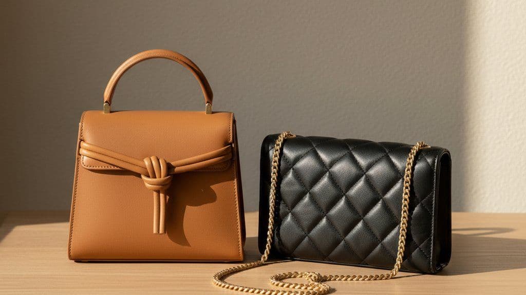 Boxy tan top-handle bag and quilted black chain bag on oak