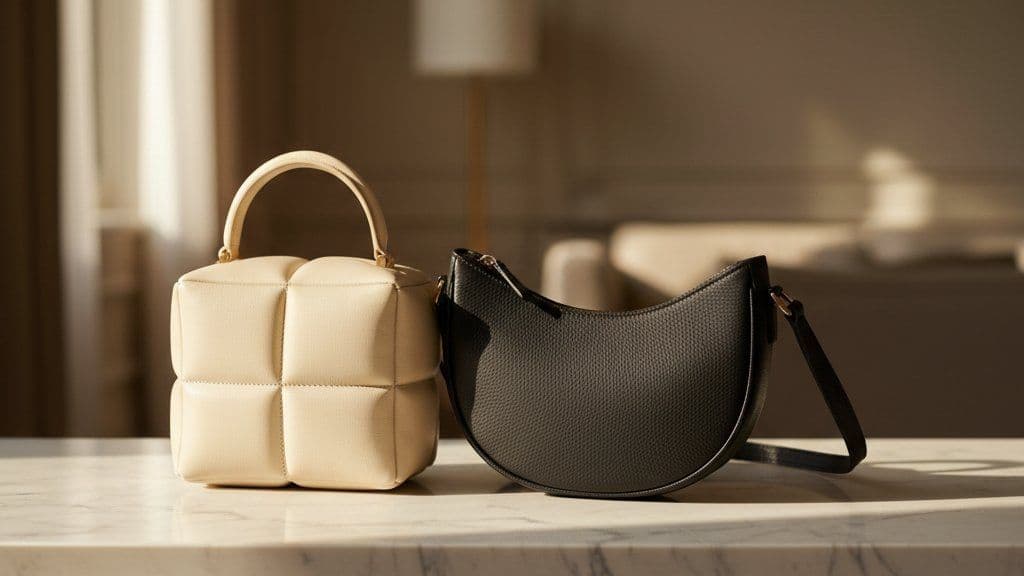 Cream quilted top-handle bag and black saddle-shaped bag on marble
