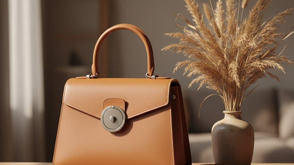 Structured tan top-handle bag on a wooden shelf with dried grasses