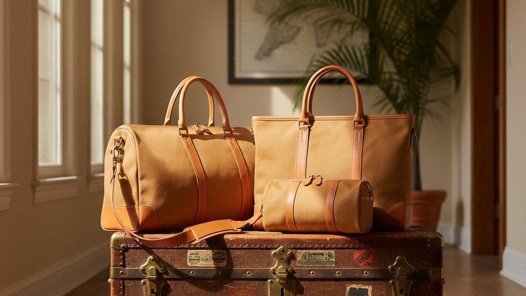 Three caramel canvas handbags with leather trim on a vintage trunk